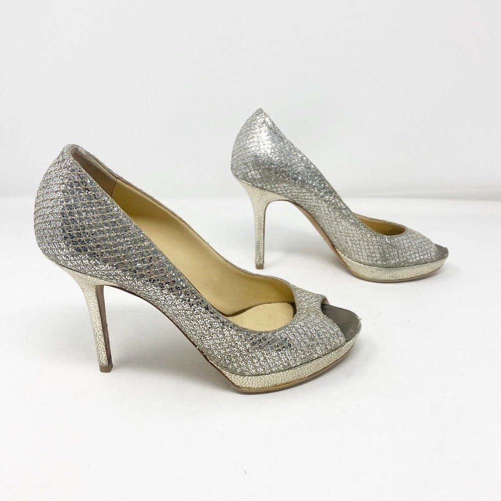 Jimmy Choo Glittering Silver Peep Toe Heels